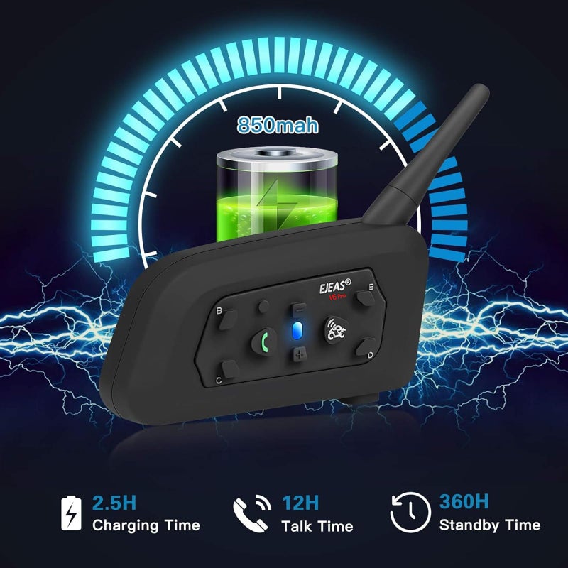 EJEAS خوذة دراجة نارية EJEAS V6 Pro مع نظام اتصال بلوتوث، سماعة رأس بلوتوث للدراجات النارية بمدى 1200 متر، نظام اتصال عالمي مع خاصية إلغاء الضوضاء ومقاوم للماء للدراجات الترابية/ATV/الدراجات الثلجية (1 قطعة) - Image 5