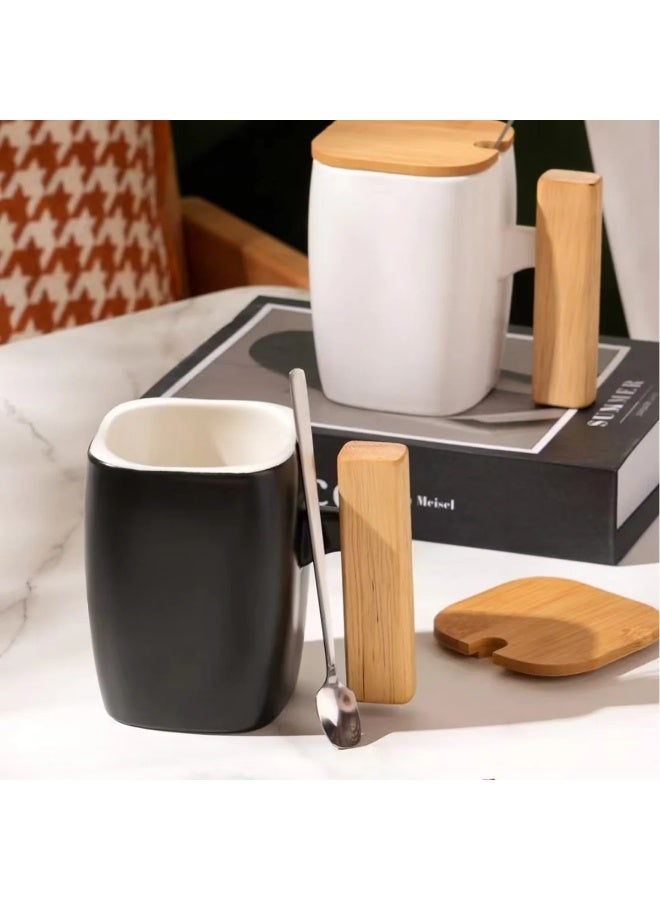 Modern Ceramic Coffee Mug with Wooden Handle, Bamboo Lid and Spoon – Minimalist Square Tea Cup for Coffee, Tea & Milk – Stylish Mug for Home, Office Desk & Gift Use - Image 1
