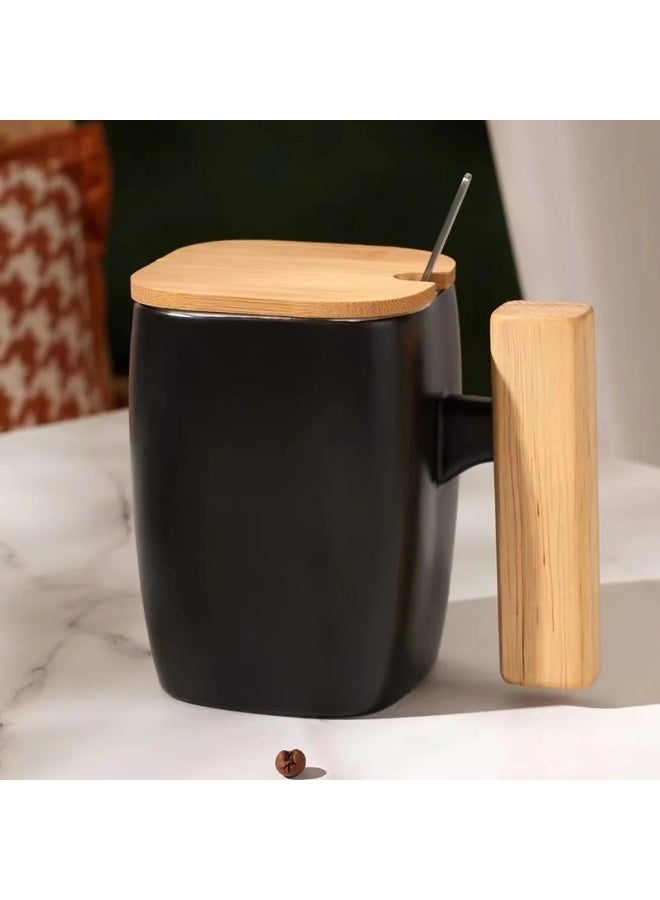 Modern Ceramic Coffee Mug with Wooden Handle, Bamboo Lid and Spoon – Minimalist Square Tea Cup for Coffee, Tea & Milk – Stylish Mug for Home, Office Desk & Gift Use - Image 2