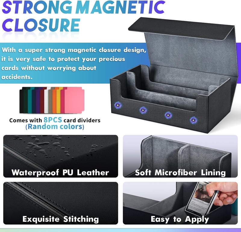 UAONO Card Storage Box for Trading Cards, 1200+ PU Leather Commander Card Deck Case, Magnetic Closure Card Holder Fits for Magic Game Cards (Black) - Image 3