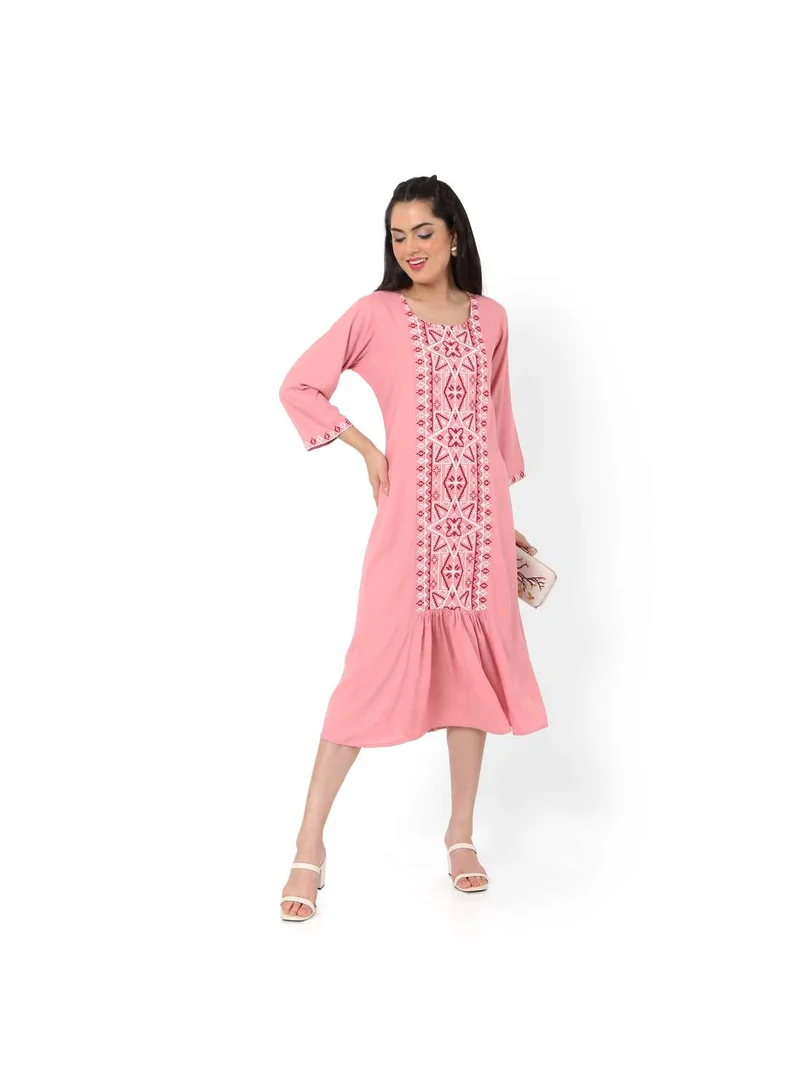 هانا آند سارا SHORT LIGHT PINK COLOUR CASUAL STYLE PRINTED ARABIC KAFTAN JALABIYA DRESS