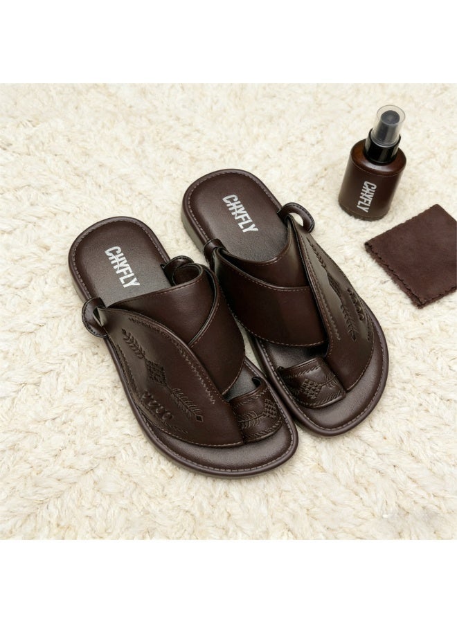 Men Arabic Style Coffee Faux Leather Toe Ring Slide Sandals, Traditional Embroidery Pattern Platform Flat Slippers, Soft Anti-Slip Casual Summer Slides Matching Thobe for Indoor & Outdoor Daily Wear - Image 1