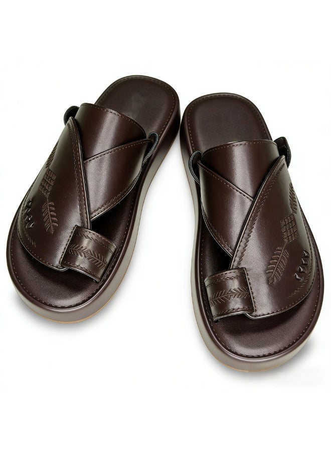 Men Arabic Style Coffee Faux Leather Toe Ring Slide Sandals, Traditional Embroidery Pattern Platform Flat Slippers, Soft Anti-Slip Casual Summer Slides Matching Thobe for Indoor & Outdoor Daily Wear - Image 2