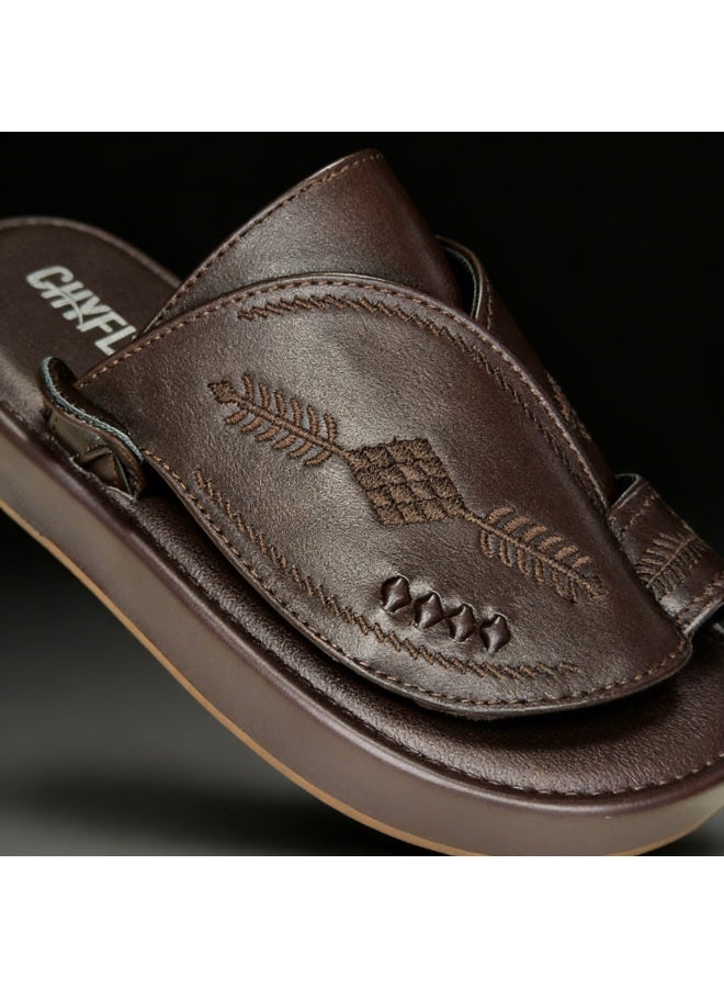 Men Arabic Style Coffee Faux Leather Toe Ring Slide Sandals, Traditional Embroidery Pattern Platform Flat Slippers, Soft Anti-Slip Casual Summer Slides Matching Thobe for Indoor & Outdoor Daily Wear - Image 3