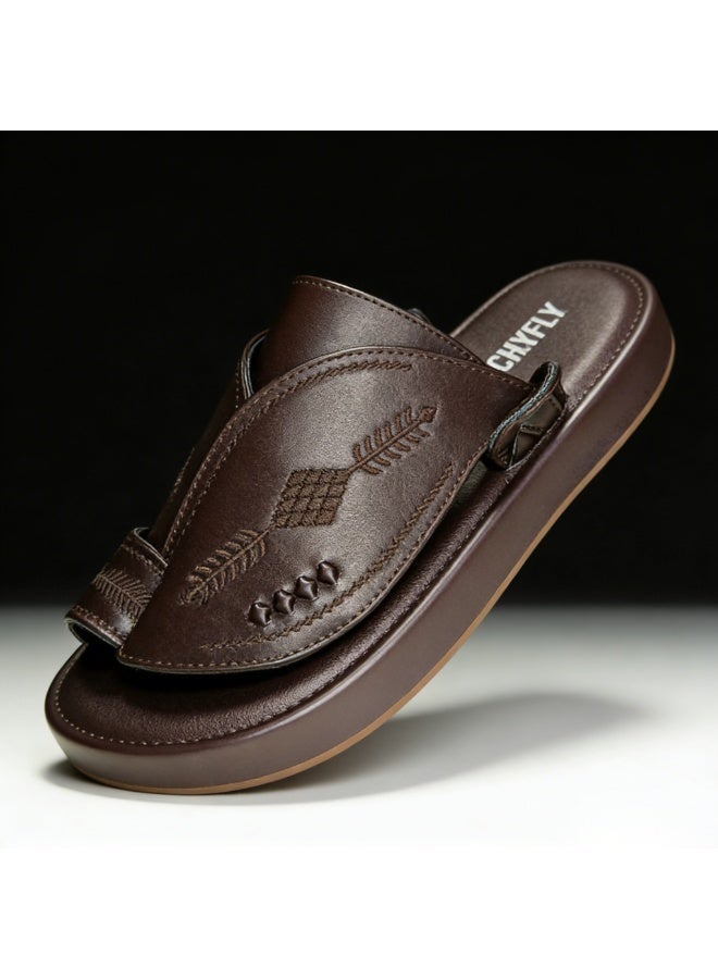 Men Arabic Style Coffee Faux Leather Toe Ring Slide Sandals, Traditional Embroidery Pattern Platform Flat Slippers, Soft Anti-Slip Casual Summer Slides Matching Thobe for Indoor & Outdoor Daily Wear - Image 4