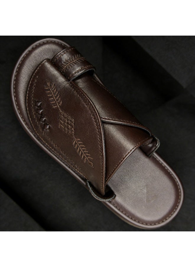 Men Arabic Style Coffee Faux Leather Toe Ring Slide Sandals, Traditional Embroidery Pattern Platform Flat Slippers, Soft Anti-Slip Casual Summer Slides Matching Thobe for Indoor & Outdoor Daily Wear - Image 5