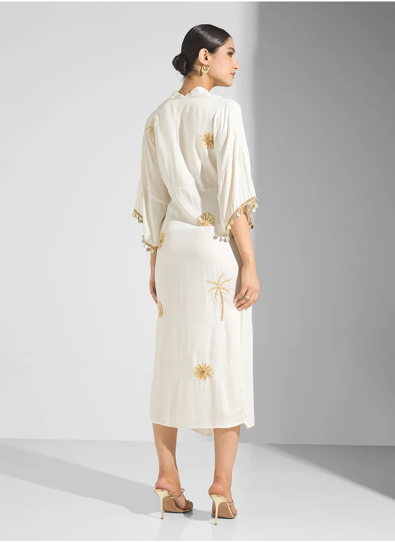 هوب اند ايفي Embellished Kimono Sleeve Adjustable Tie Waist Dress