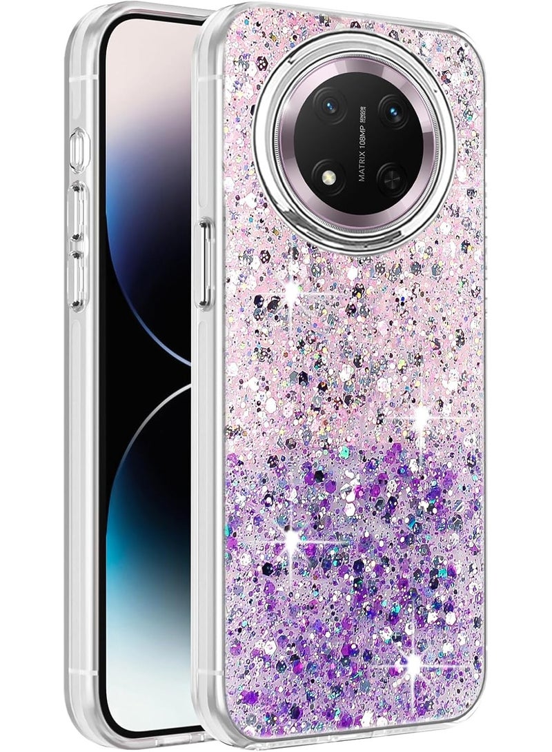 Compatible with Honor X9C Case, Clear Glitter Bling Sparkly, Soft TPU Frame Bumper, Hard-Back Cover for Women & Girls, Transparent Protective Phone Case (Pink Purple) - Image 1