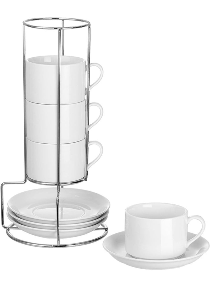 3.0 OZ Porcelain Espresso Cups Set with Saucers and Metal Stand Set of 4, Stackable Cappuccino Cups for Coffee Drinks, Latte, Tea, White - Image 1