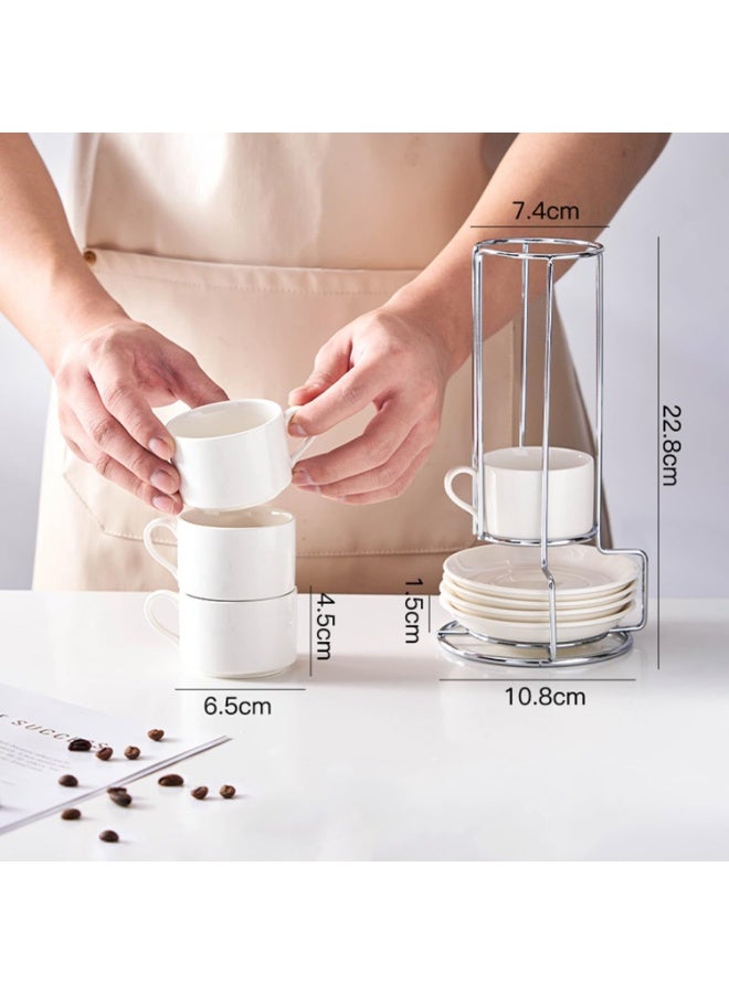3.0 OZ Porcelain Espresso Cups Set with Saucers and Metal Stand Set of 4, Stackable Cappuccino Cups for Coffee Drinks, Latte, Tea, White - Image 2