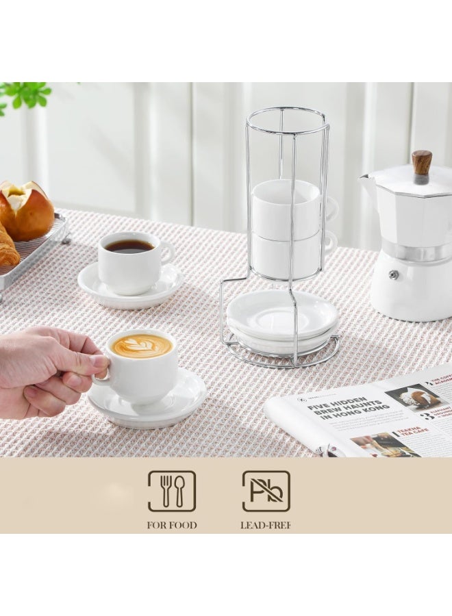3.0 OZ Porcelain Espresso Cups Set with Saucers and Metal Stand Set of 4, Stackable Cappuccino Cups for Coffee Drinks, Latte, Tea, White - Image 4