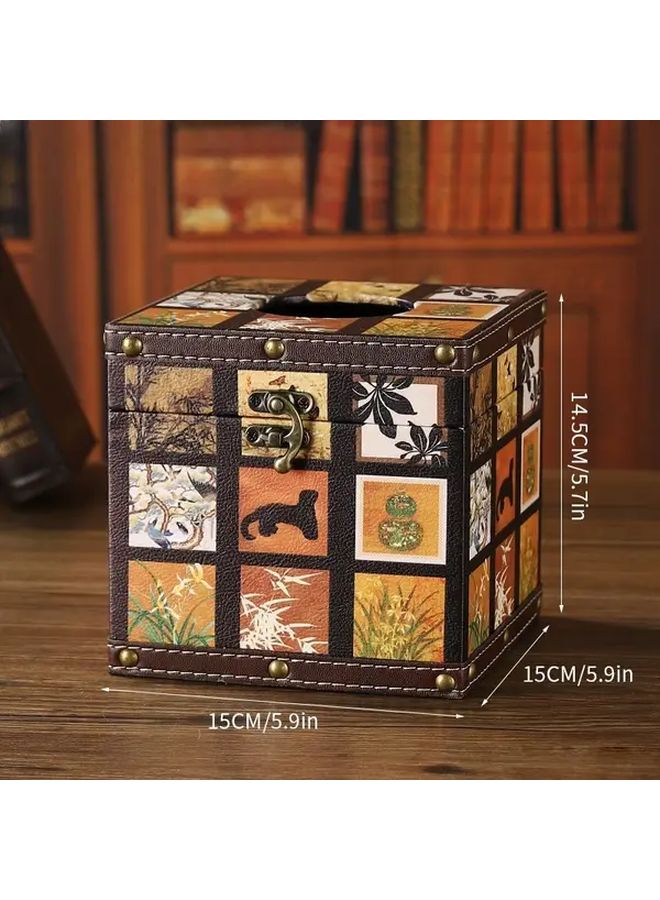 Retro Grid Pattern Square Tissue Box Recycled Wood Floral Geometric Multi Color Lid - Image 1