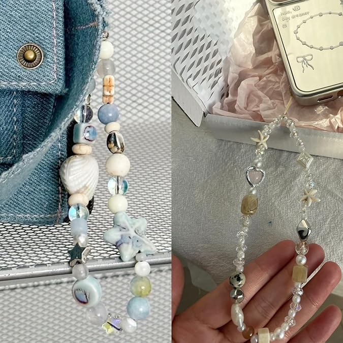 KASTWAVE Phone Charm Strap, Wrist Lanyard for iPhone Samsung, Pearl Beaded Phone Chain Accessories, Anti-Drop Hand Strap for Phones Bags Keys, Cute Beaded Bracelet Lanyard for Women Girls, 2 Pack - Image 2