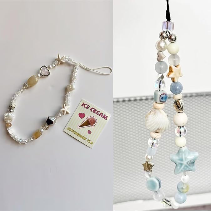 KASTWAVE Phone Charm Strap, Wrist Lanyard for iPhone Samsung, Pearl Beaded Phone Chain Accessories, Anti-Drop Hand Strap for Phones Bags Keys, Cute Beaded Bracelet Lanyard for Women Girls, 2 Pack - Image 4