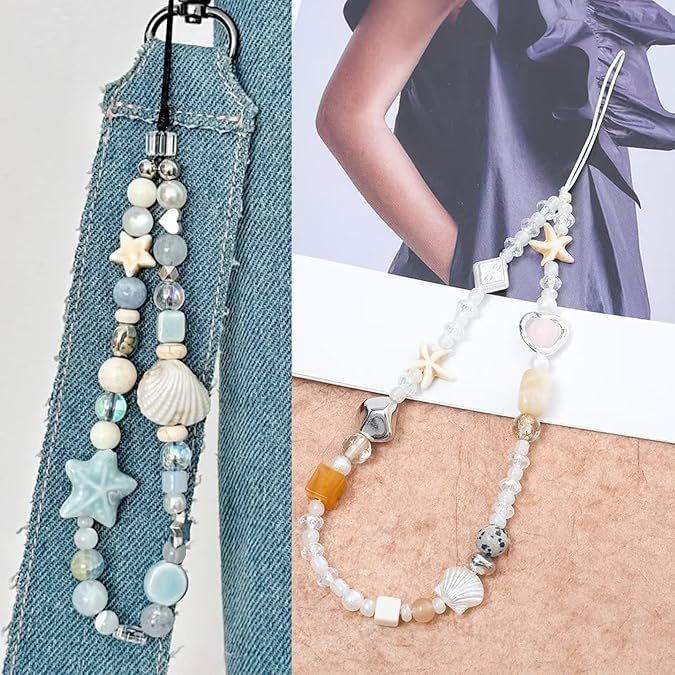 KASTWAVE Phone Charm Strap, Wrist Lanyard for iPhone Samsung, Pearl Beaded Phone Chain Accessories, Anti-Drop Hand Strap for Phones Bags Keys, Cute Beaded Bracelet Lanyard for Women Girls, 2 Pack - Image 3