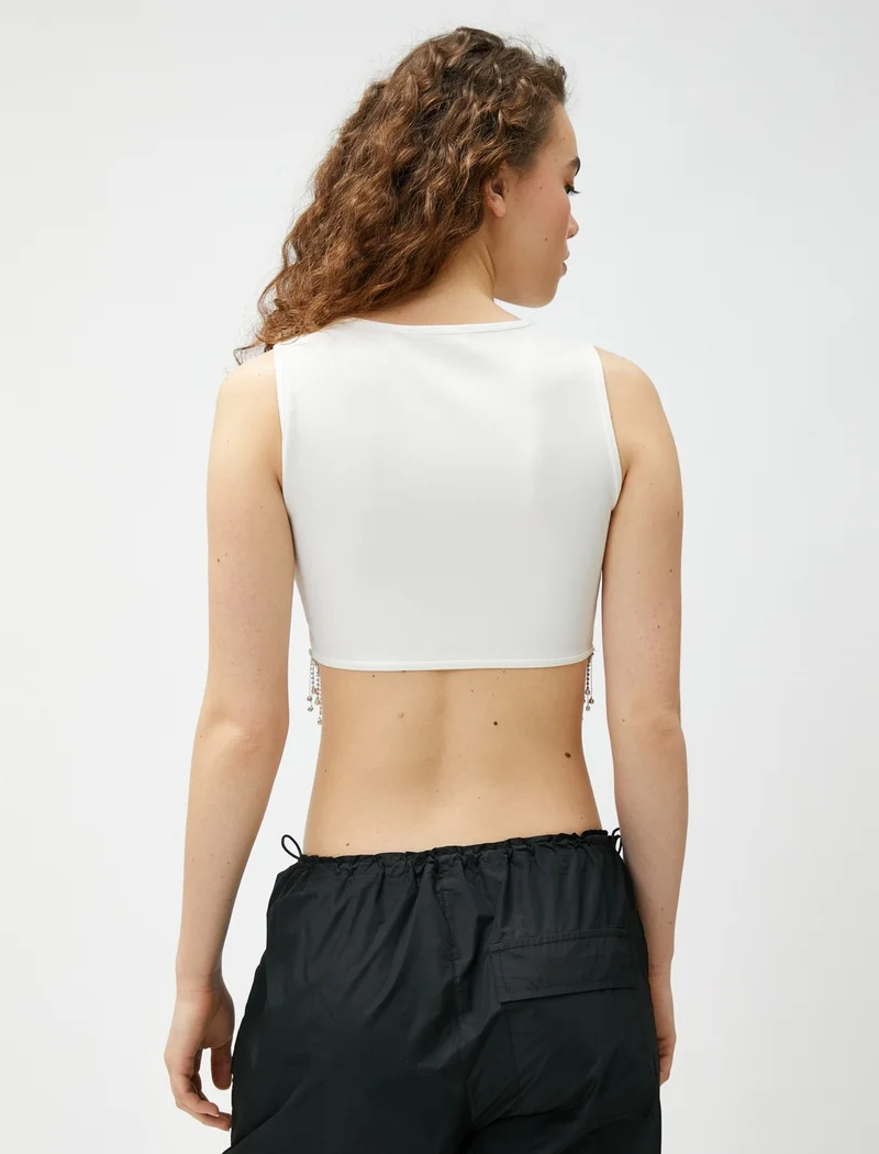 KOTON Crop Undershirt with Dangling Shiny Stone Detail Crew Neck