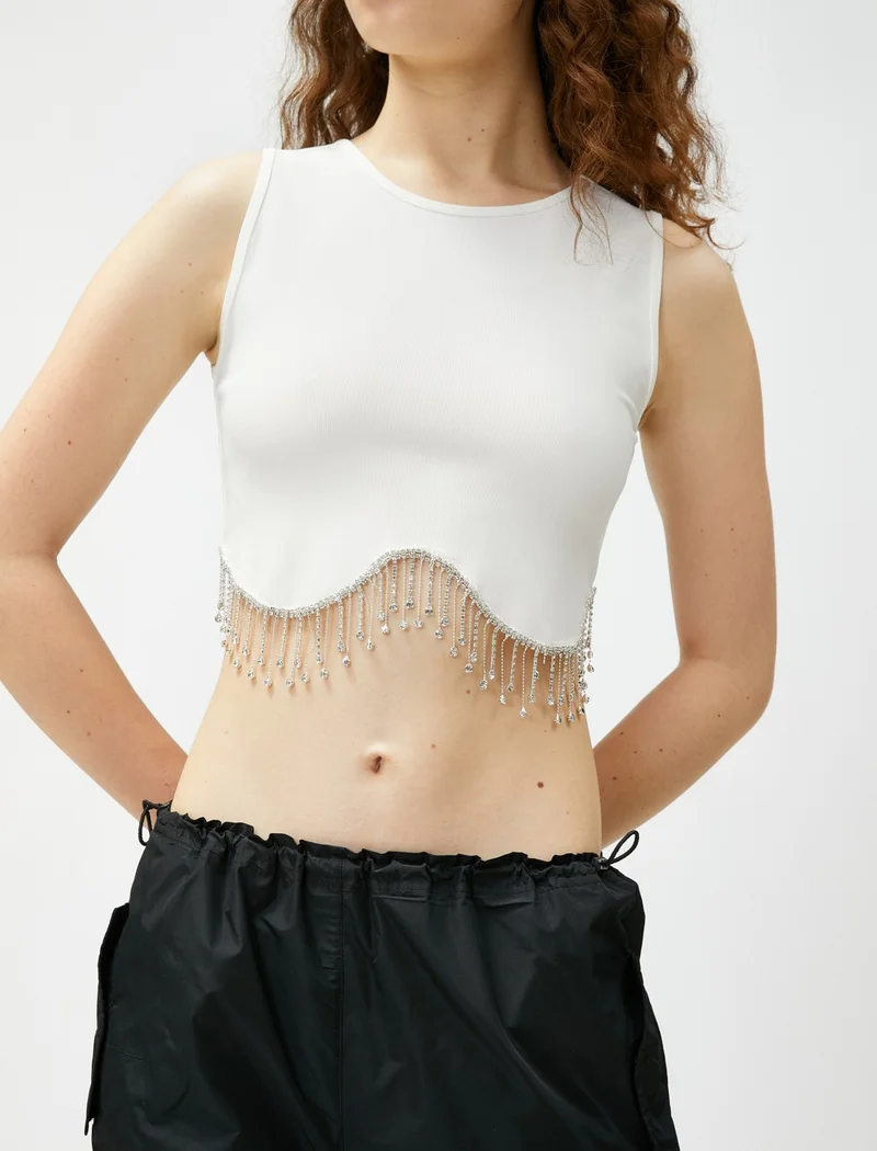 KOTON Crop Undershirt with Dangling Shiny Stone Detail Crew Neck