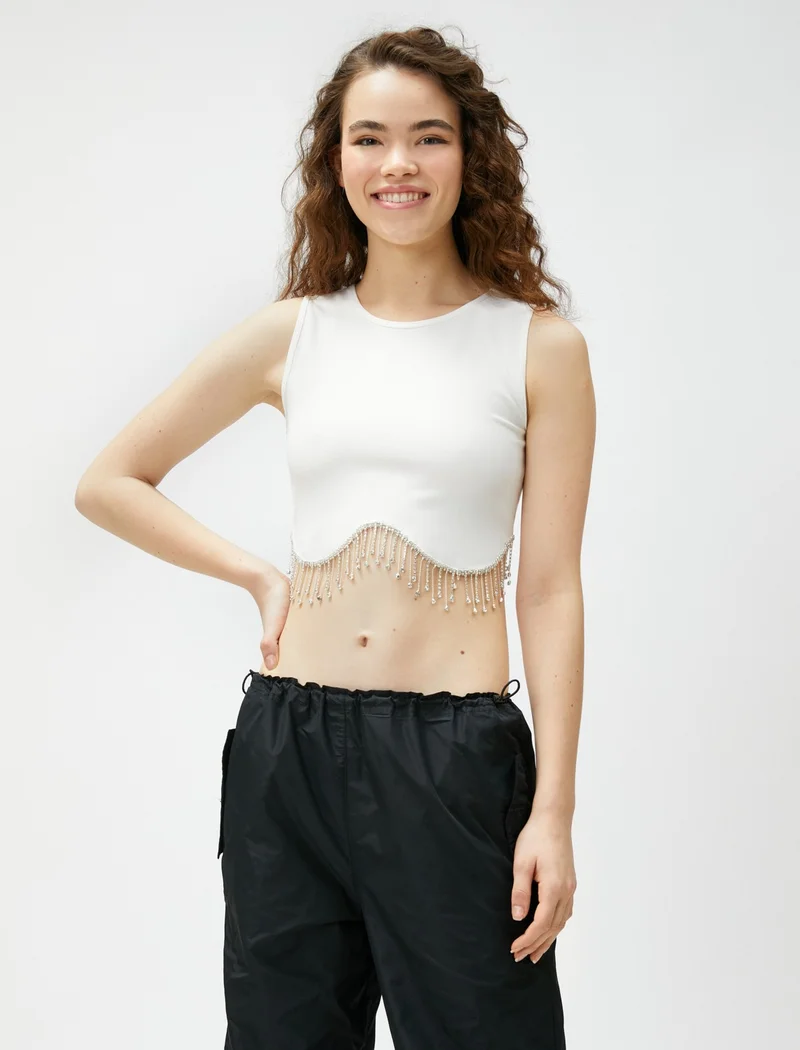 KOTON Crop Undershirt with Dangling Shiny Stone Detail Crew Neck