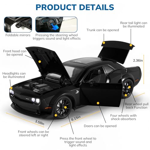 FRJV Car Toys for Boys 124 Diecast Cars Hellcat SRT Collectibles Model KitPull Back Metal Toy Car with Lights and SoundsToy Cars for Boys Age 47Black - Image 5