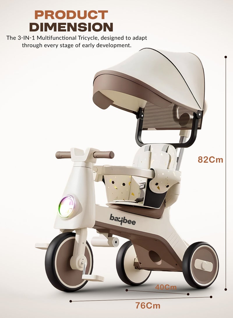 BAYBEE Zeno 3 in 1 Convertible Baby Tricycle for Kids with Parental Push Handle and Canopy | Baby Cycle with Safety Guard, RGB Light & Music | Kids Tricycle for Toddlers | Kids Cycle for Baby 1 to 5 Years Boy Girl Beige  - Image 5