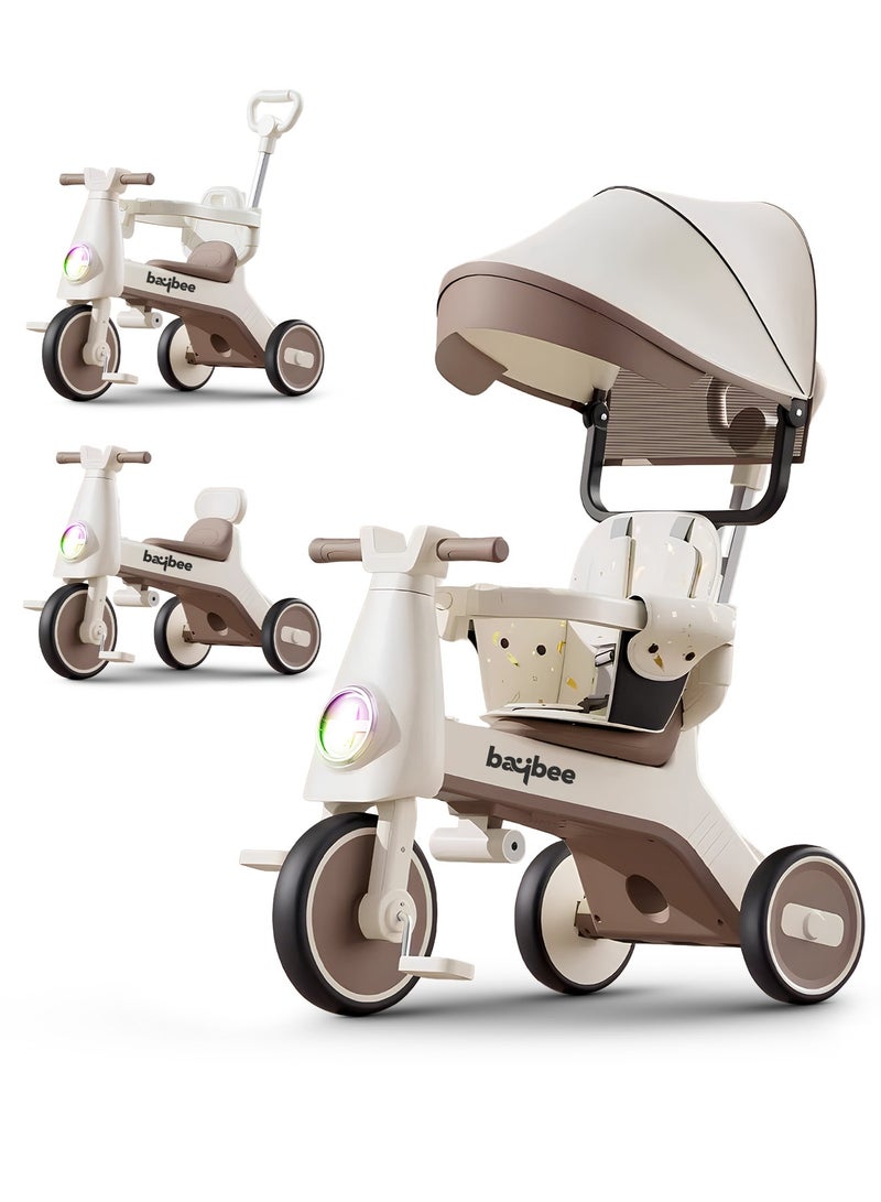 BAYBEE Zeno 3 in 1 Convertible Baby Tricycle for Kids with Parental Push Handle and Canopy | Baby Cycle with Safety Guard, RGB Light & Music | Kids Tricycle for Toddlers | Kids Cycle for Baby 1 to 5 Years Boy Girl Beige  - Image 1