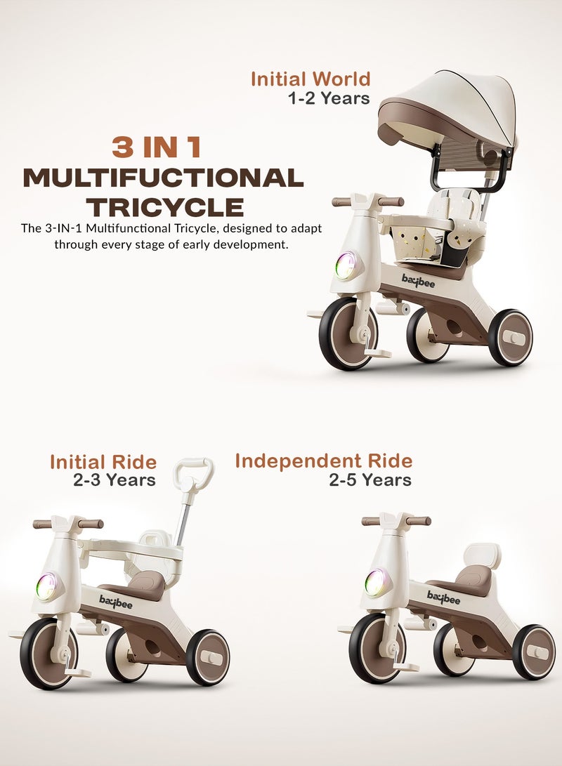 BAYBEE Zeno 3 in 1 Convertible Baby Tricycle for Kids with Parental Push Handle and Canopy | Baby Cycle with Safety Guard, RGB Light & Music | Kids Tricycle for Toddlers | Kids Cycle for Baby 1 to 5 Years Boy Girl Beige  - Image 4