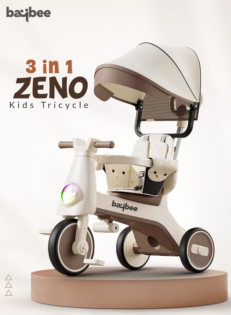BAYBEE Zeno 3 in 1 Convertible Baby Tricycle for Kids with Parental Push Handle and Canopy | Baby Cycle with Safety Guard, RGB Light & Music | Kids Tricycle for Toddlers | Kids Cycle for Baby 1 to 5 Years Boy Girl Beige  - Image 2