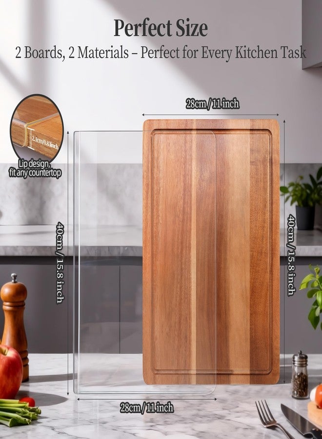 WILLKOMMEN Acrylic Cutting Board and Acacia Wood Cutting Board Set, 2 PCS Cutting Boards for Kitchen, Wooden Chopping Board with Juice Groove & Acrylic Cooking Board with Counter Lip - Image 3