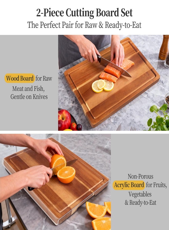 WILLKOMMEN Acrylic Cutting Board and Acacia Wood Cutting Board Set, 2 PCS Cutting Boards for Kitchen, Wooden Chopping Board with Juice Groove & Acrylic Cooking Board with Counter Lip - Image 2