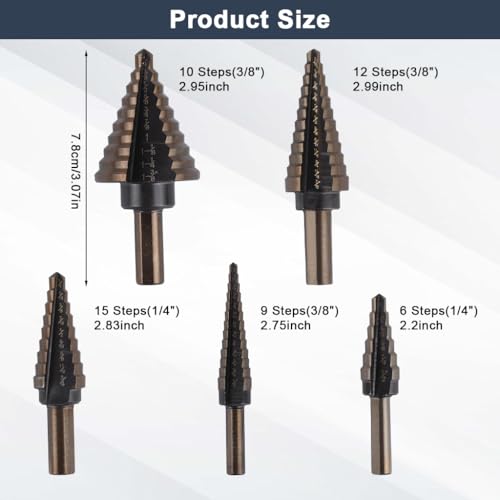 Serplex® 6-Piece Titanium Step Drill Bit Set with Automatic Center Punch, Multi-Size Spiral Groove Unibit Kit for Metal, Wood, High-Speed Steel Cone Drill Bits with Aluminum Storage Case - Image 2