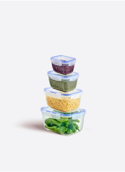 Dunia Fresh & Lock Rectangular 4-Piece Plastic Cans Set for Refrigerator with Airtight Lid - Storage Solution - BPA-Free | Lead-Free (550-1000-1800-3000 ML)