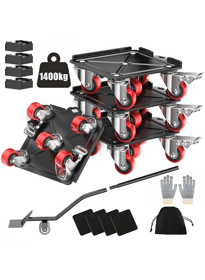 WALALLA Heavy Duty 1400kg Furniture Dolly & Movers with 5 Wheels & Brake - 360° Rotating Moving Dolly for Furniture, Piano, Appliances cm Non-Slip Sliders, Red - Image 1