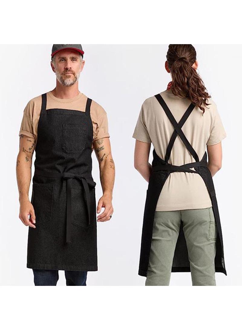 Y&D Washed Denim Modern Simple Cross Strap Hairdresser Overalls Barista Apron - Image 4