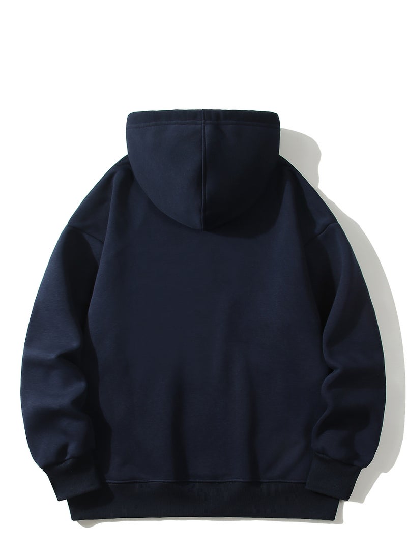 Loquat New Fleece Loose Off Shoulder Hoodie For Men With Thick Solid Color Nave Blue - Image 2