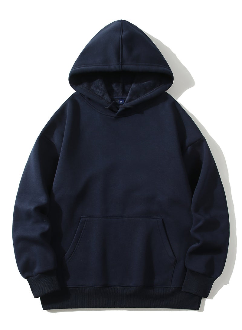 Loquat New Fleece Loose Off Shoulder Hoodie For Men With Thick Solid Color Nave Blue - Image 1