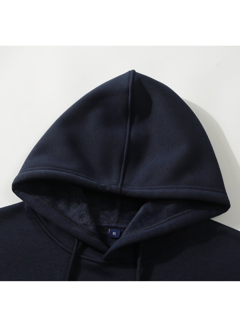 Loquat New Fleece Loose Off Shoulder Hoodie For Men With Thick Solid Color Nave Blue - Image 3