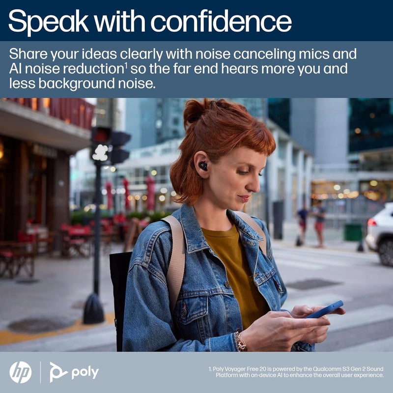 Poly سماعات أذن بولي فويجر فري 20 اللاسلكية الحقيقية باللون الأسود مع تقنية إلغاء الضوضاء التكيفية وصوت معزز بالذكاء الاصطناعي وراحة مخصصة تعمل مع الكمبيوتر والهاتف المحمول - Image 4