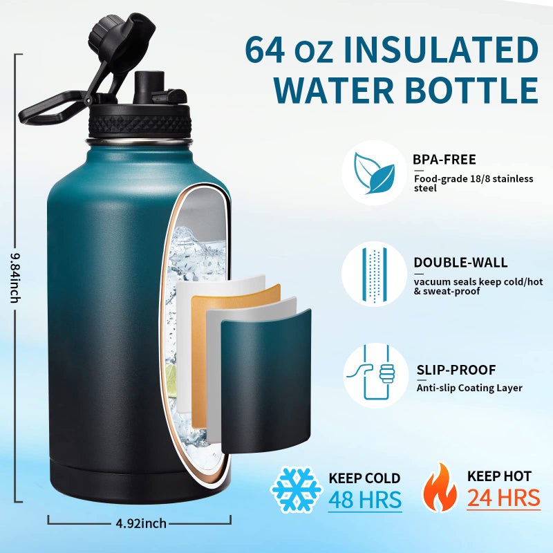 VICKNIY Insulated Water Bottle with Straw - 64oz Stainless Steel Water Bottles with Paracord Handle  1/2 Gallon Big Water Jug Vacuum Insulated Waterbottle Metal Flask Reusable Double Wall Sport Bottle  - Image 3