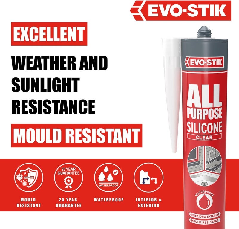 Evo-Stik All Purpose Silicone Sealant – Clear, Multi-Use Waterproof & Flexible Sealant, Strong Adhesion for Glass, Metal, Plastic & Ceramic, Ideal for Kitchen, Bathroom, Windows & General Sealing Applications - Image 4