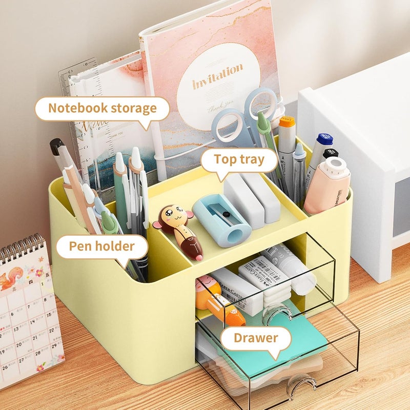 Marbrasse Pen Organizer with 2 Drawer, Multi-Functional Pencil Holder for Desk, Desk Organizers and Accessories with 5 Compartments + Drawer for Office Art Supplies (Yellow) - Image 3