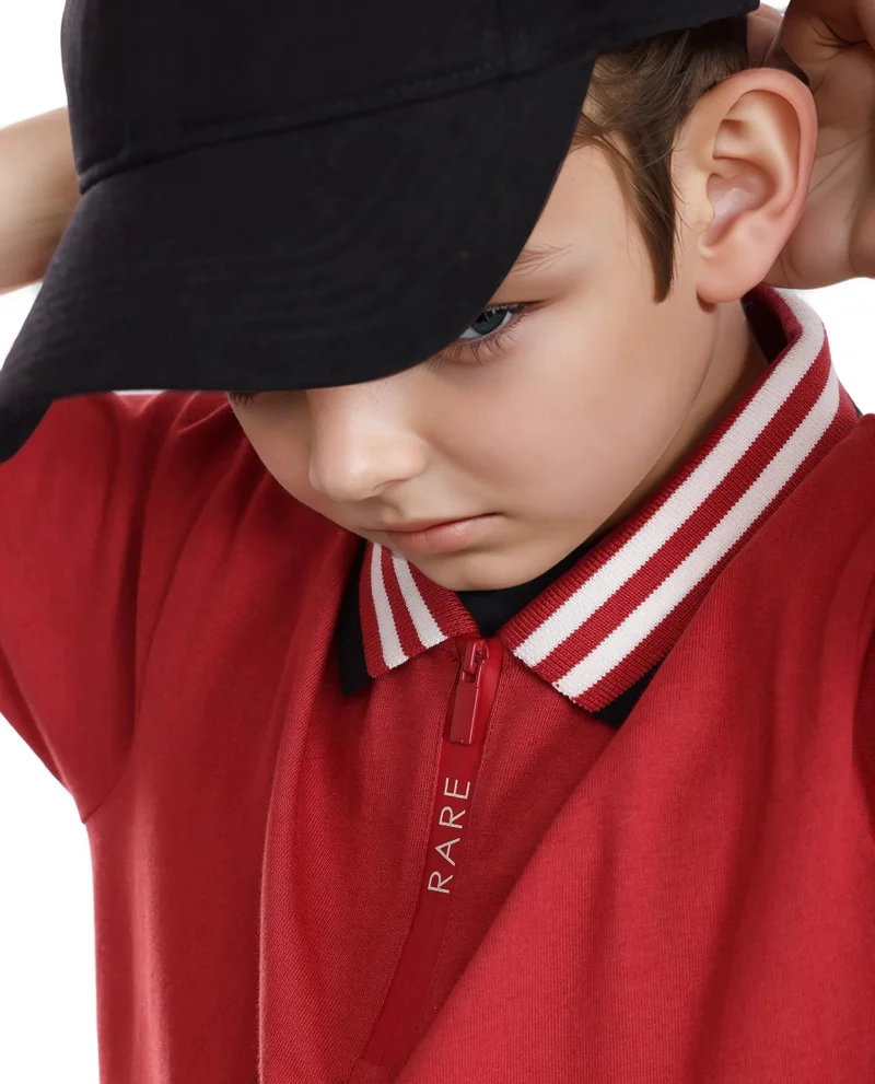 Rare Ones Rare Ones Kids Zyto Red Cotton Half Sleeves Contrasting Regular Collar Zipper Closure Solid Polo