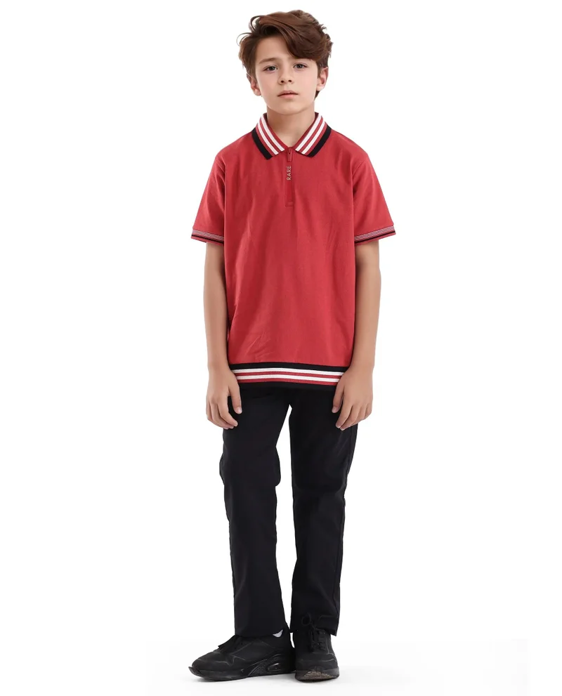 Rare Ones Rare Ones Kids Zyto Red Cotton Half Sleeves Contrasting Regular Collar Zipper Closure Solid Polo