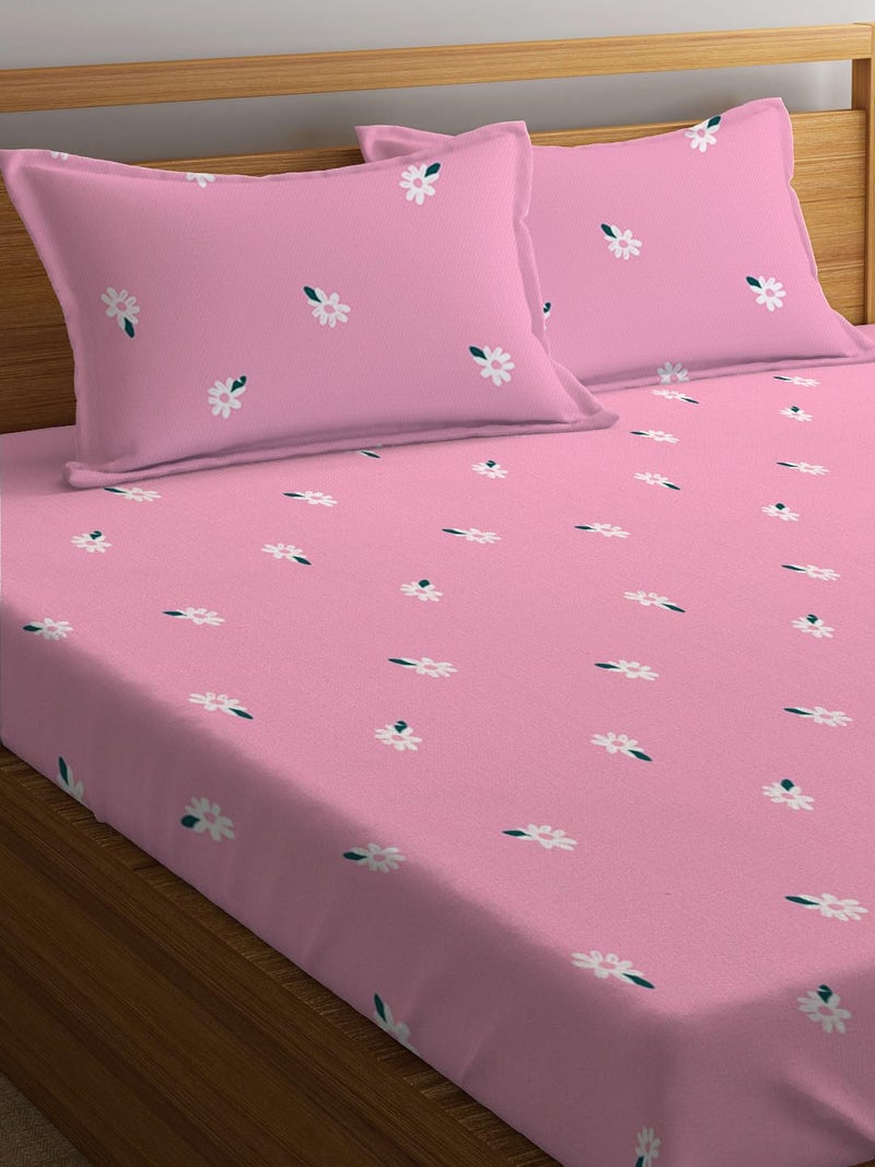 LOOMLYFE 300 TC Cotton Feel Glace Cotton Elastic Fitted Printed King Size Double Bed Bedsheet with 2 Pillow Covers Fits Upto 8 inches Mattress, Size- 72X78 Inches, PinkSmallFlower - Image 2