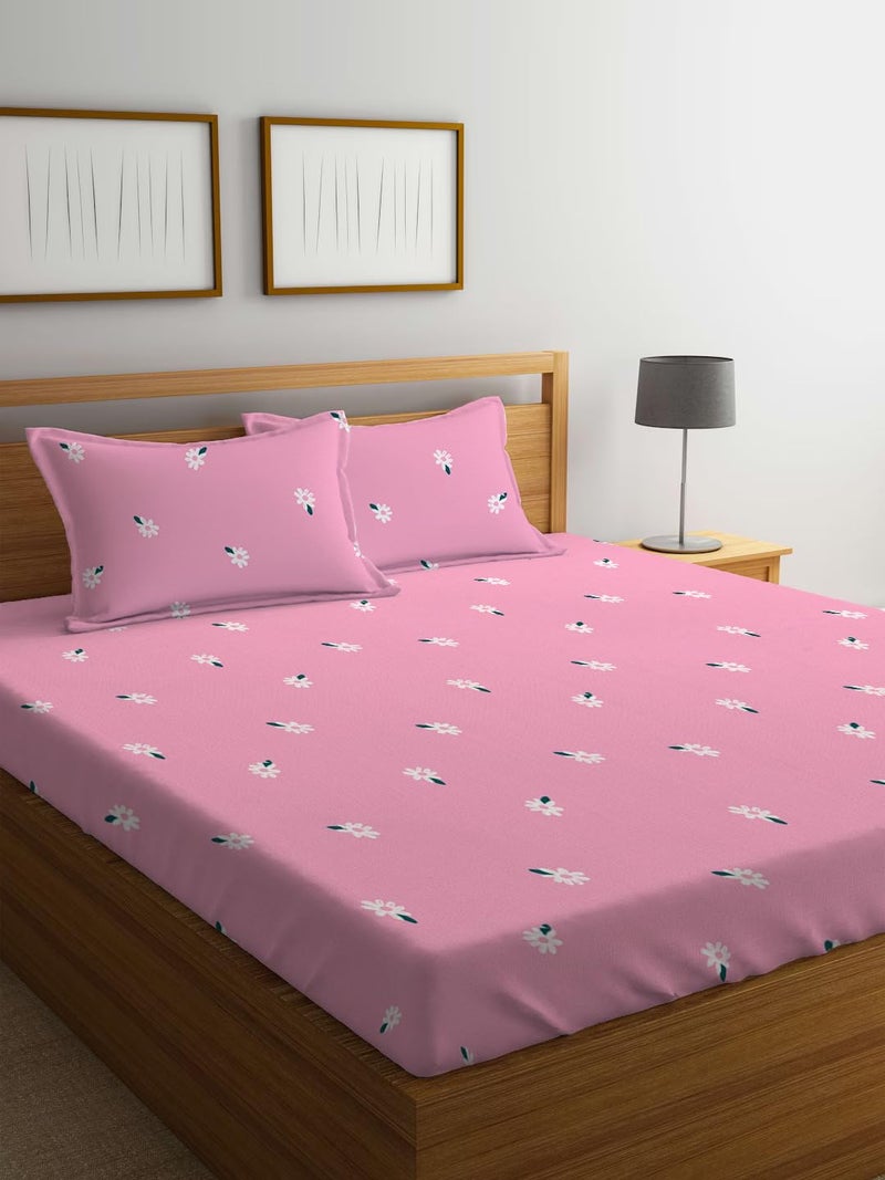 LOOMLYFE 300 TC Cotton Feel Glace Cotton Elastic Fitted Printed King Size Double Bed Bedsheet with 2 Pillow Covers Fits Upto 8 inches Mattress, Size- 72X78 Inches, PinkSmallFlower - Image 1