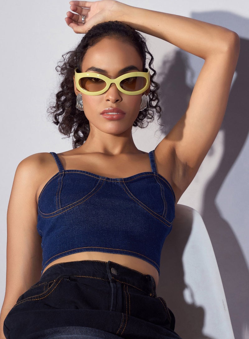 PRASHA Women Blue Denim Strappy Crop Top