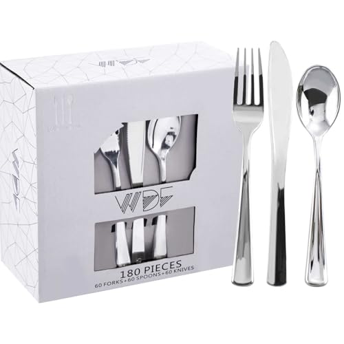 WDF 180 Pieces Silver Plastic Silverware - Silver Plastic Cutlery - Fancy Plastic Silverware Heavy Duty - 60 Forks 60 Knives 60 Spoons - Disposable Plastic Utensils Perfect for Party/Wedding/Christmas - Image 1
