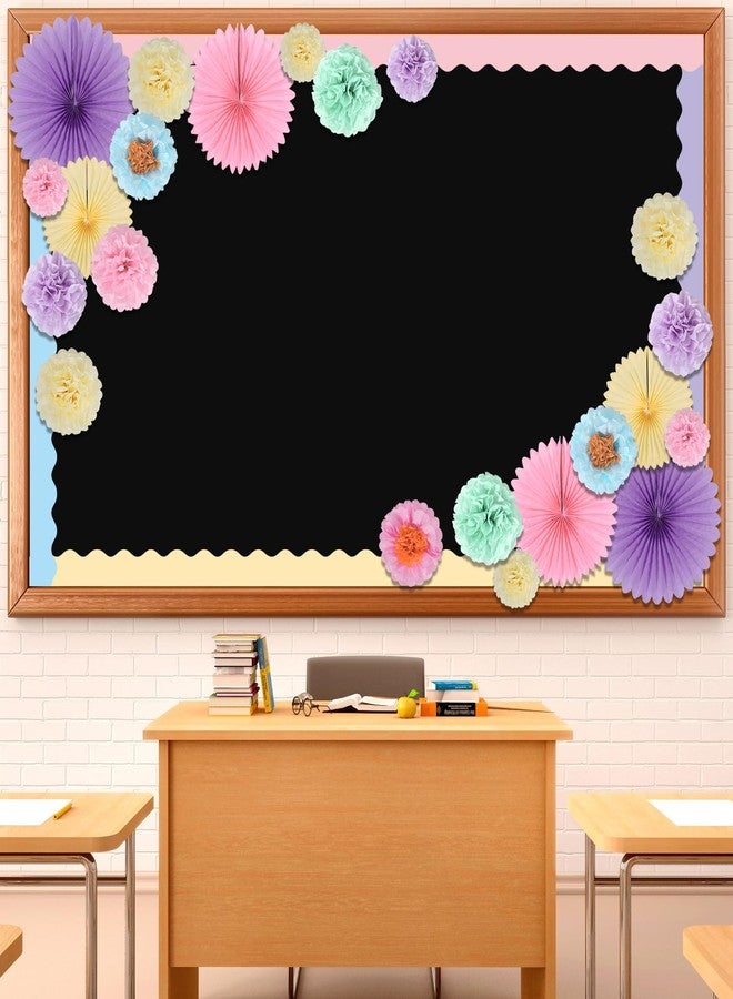 Justforjoyful زينة لوحة إعلانات بألوان الباستيل الربيعية، زهور ثلاثية الأبعاد بألوان قوس قزح الباستيل، زينة لوحة إعلانات الفصل الدراسي بمراوح ورقية وكرات بوم بوم من المناديل الورقية للعودة إلى المدرسة، سبورة، ديكورات جدارية منزلية لأعياد الميلاد - Image 1