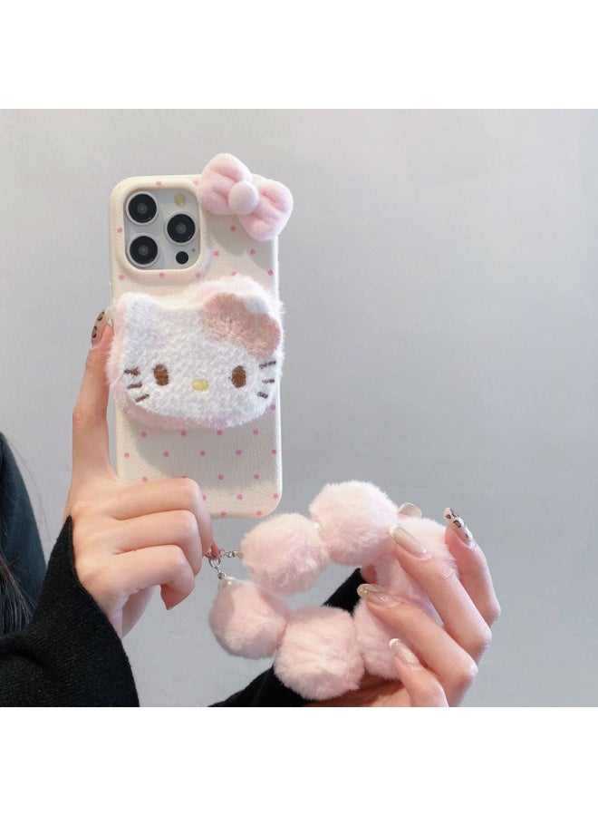 NIBEMINENT Bowknot Polka Dots Protective TPU Case Cover For iPhone 15, Pink Polka Dots With Fluffy Kt Bow With Pink Fur Ball Bracelet - Image 2