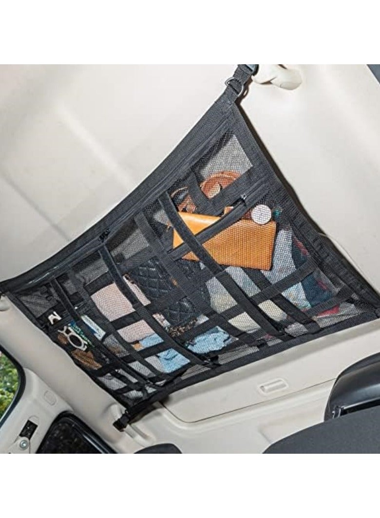 general Car Ceiling Cargo Net Pocket Storage Net, 29.5 “x19.7” Adjustable D-Clip to Reduce Sagging Roof Storage Organizer, Double Net, Road Trip, Camping and Overland Gear - Image 1