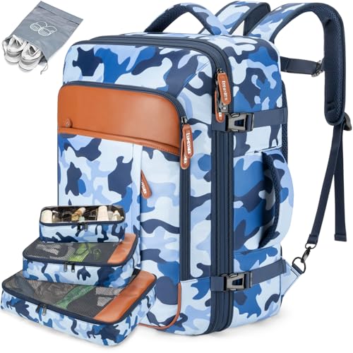 Lumesner Carry on Travel Backpacks Extra Large 40L Flight Approved for Men WomenExpandable Suitcase backpack Camouflage BlueBackpack With 4 Packing Cubes - Image 1